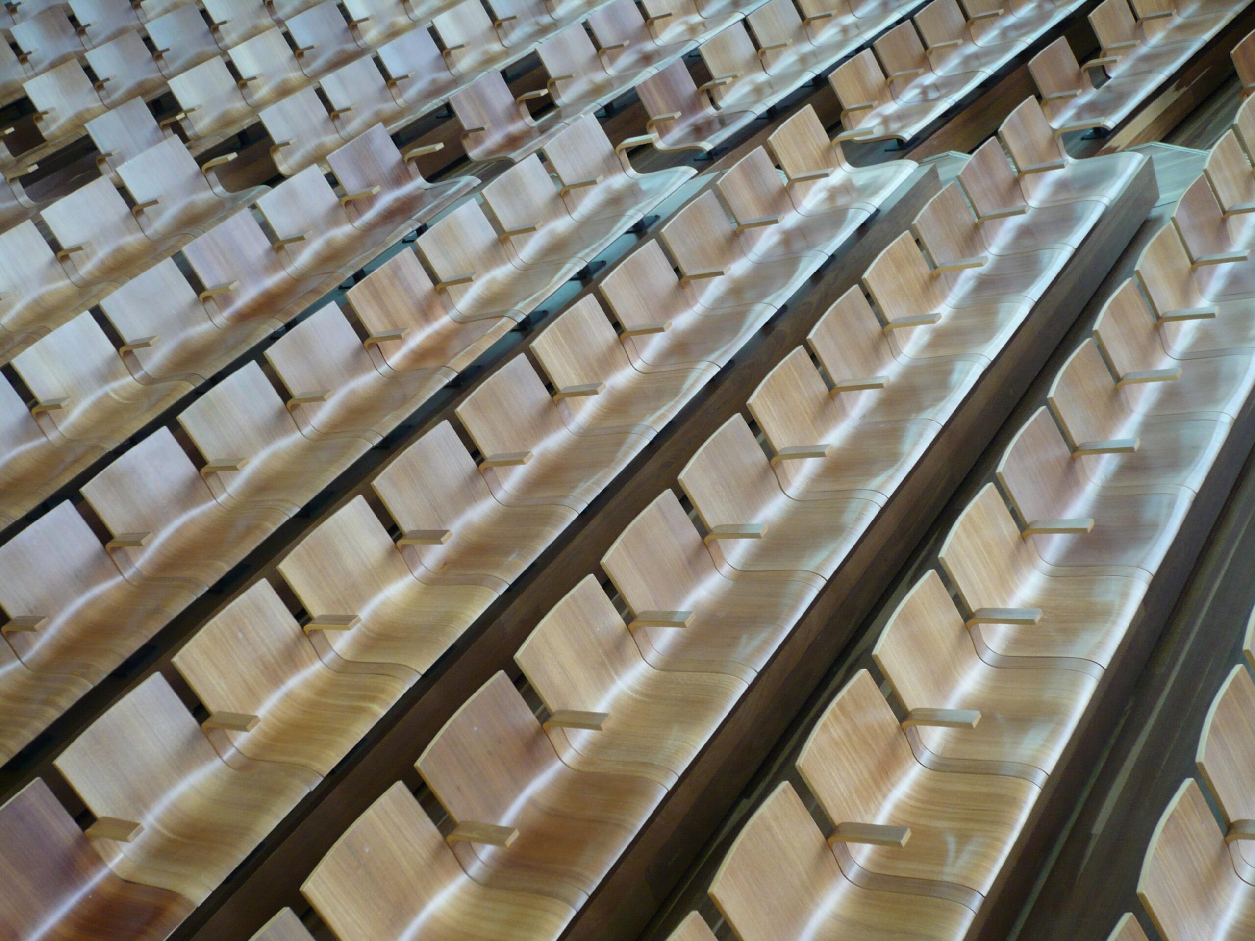 Rows of wooden seats in a modern, empty auditorium showing an elegant interior design.